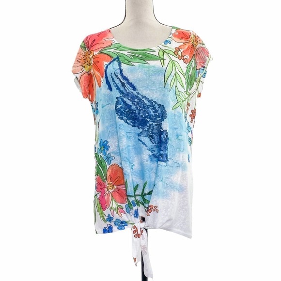 CORAL Bay Multicolored Floral Print Short Sleeve Tie Waist Blouse - Picture 1 of 11